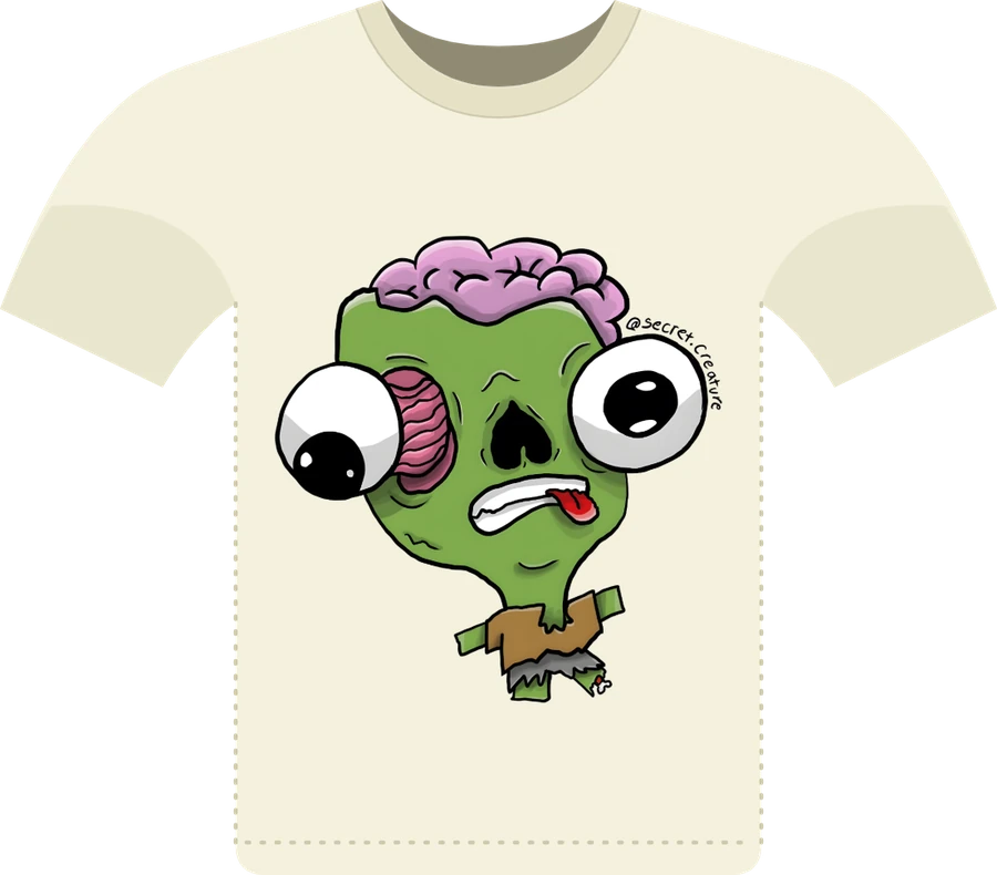 A cream T-shirt with a green zombie character with a pink brain, drawn by the founder