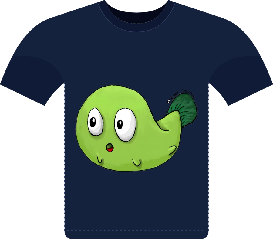 A navy T-shirt with a green tadpole-like character with big eyes, drawn by the founder